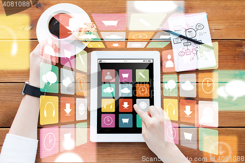 Image of close up of woman with menu icons on tablet pc