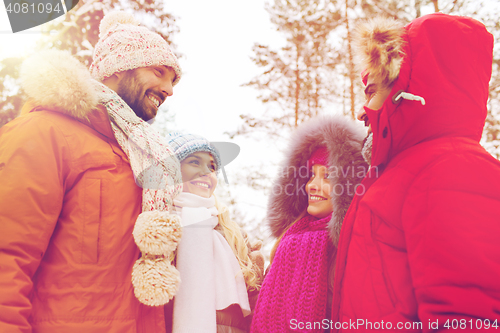 Image of group of smiling men and women in winter forest