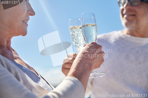 Image of happy senior couple drinking champagne outdoors