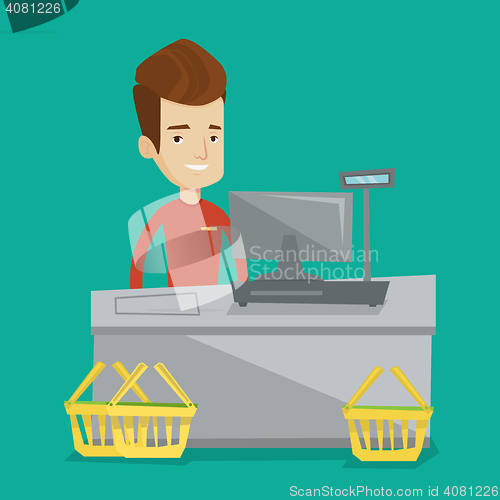 Image of Cashier standing at the checkout in supermarket.