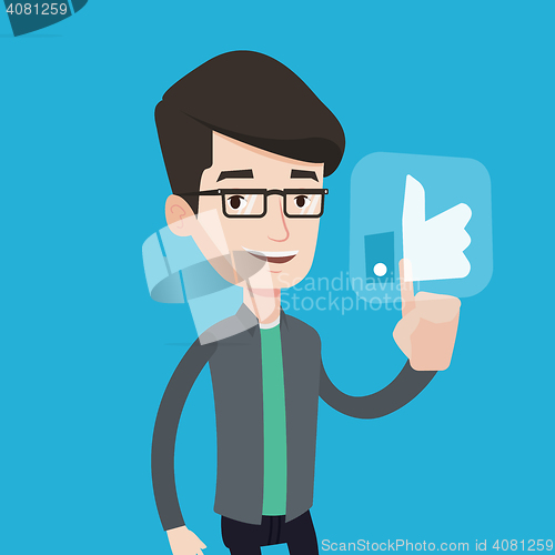 Image of Man pressing like button vector illustration.