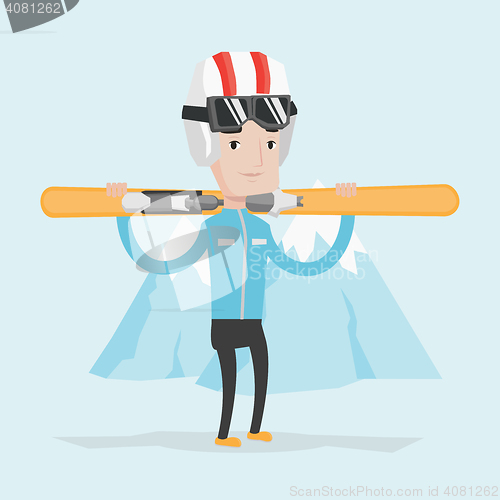 Image of Man holding skis vector illustration.