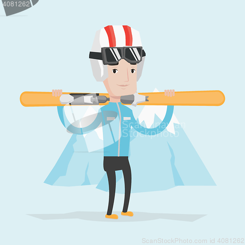 Image of Man holding skis vector illustration.