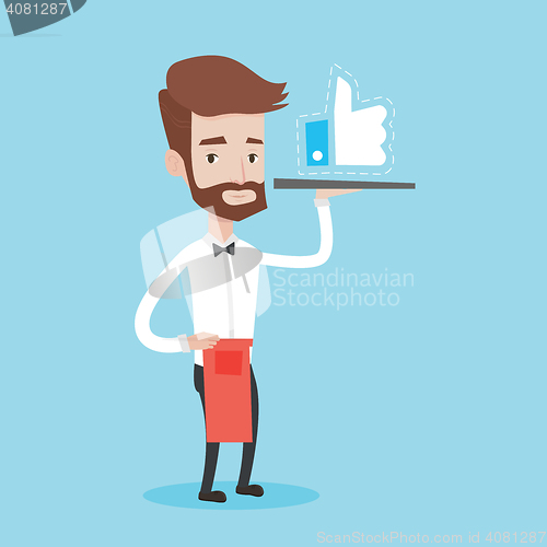 Image of Waiter with like button vector illustration.