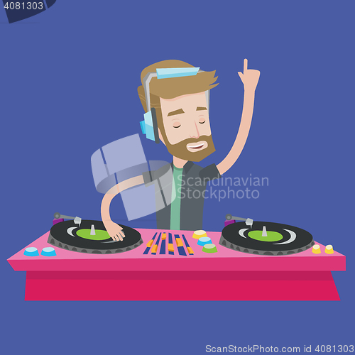 Image of DJ mixing music on turntables vector illustration.