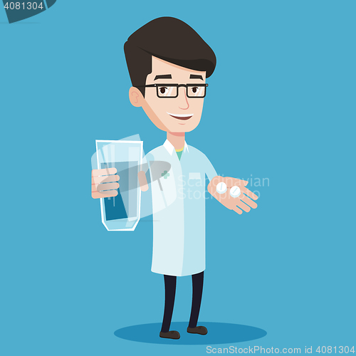 Image of Pharmacist giving pills and glass of water.