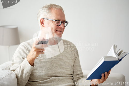 Image of happy senior man drinking wine and reading book
