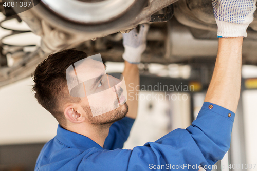 Image of mechanic man or smith repairing car at workshop