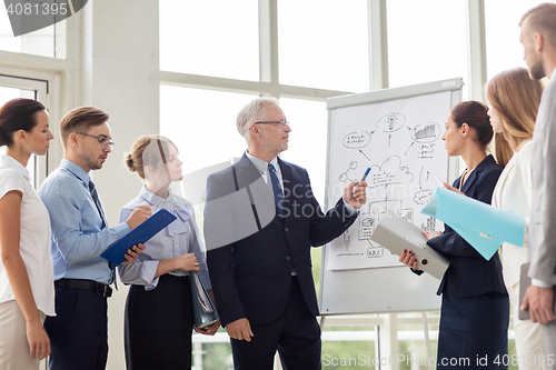 Image of business team with scheme on flip chart at office