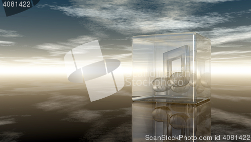 Image of music note in glass cube under cloudy sky - 3d rendering