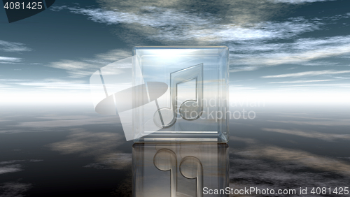 Image of music note in glass cube under cloudy sky - 3d rendering