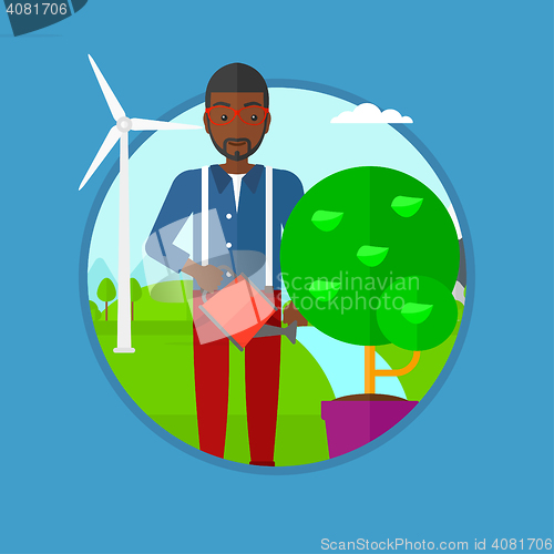 Image of Man watering tree vector illustration.