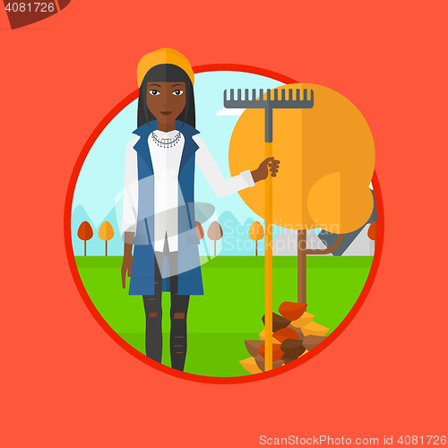 Image of Woman raking autumn leaves vector illustration.