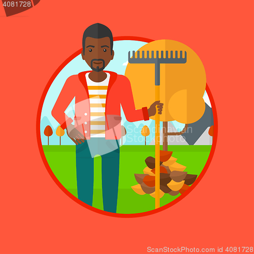 Image of Man raking autumn leaves vector illustration.