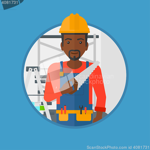 Image of Smiling worker with saw vector illustration.