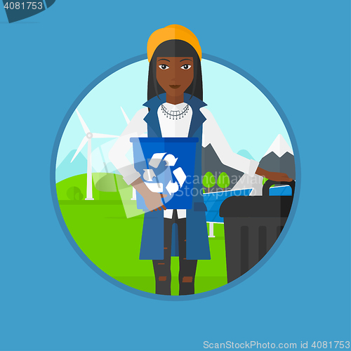 Image of Woman with recycle bin and trash can.