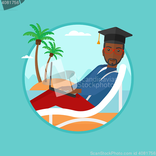 Image of Graduate lying in chaise lounge with laptop.