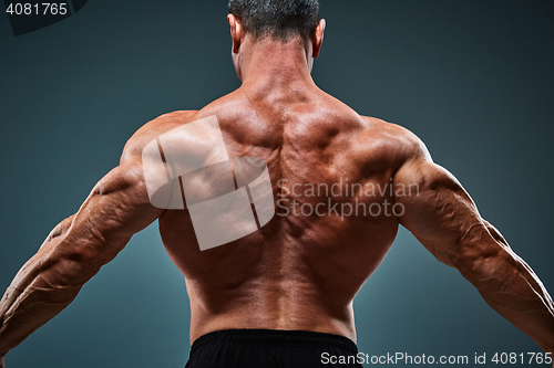 Image of torso of attractive male body builder on gray background.