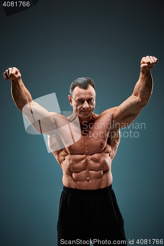 Image of torso of attractive male body builder on gray background.