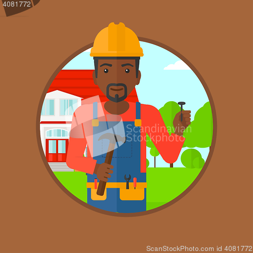 Image of Cheerful builder with hammer vector illustration.