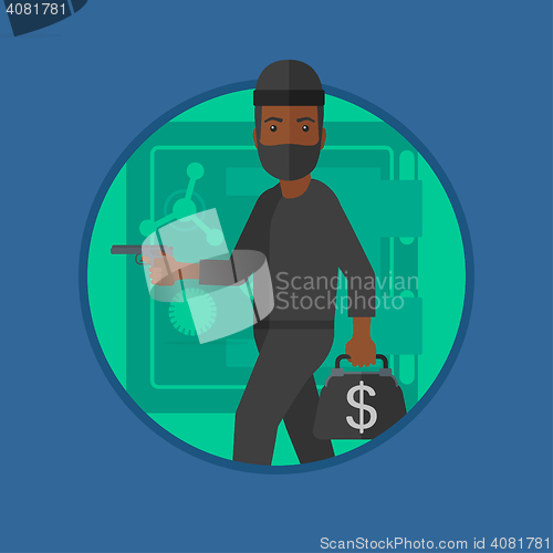 Image of Burglar with gun near safe vector illustration.