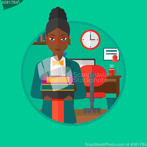 Image of Student holding pile of books vector illustration.