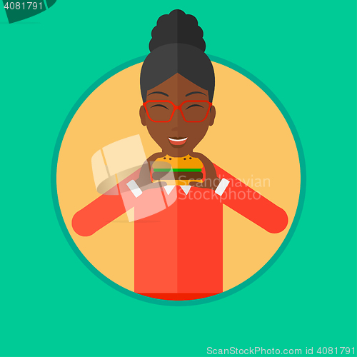 Image of Woman eating hamburger vector illustration.