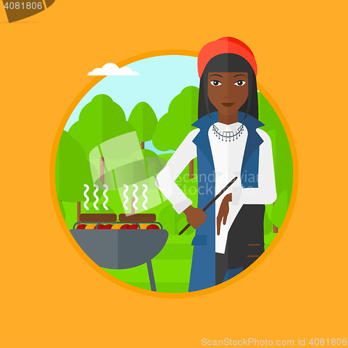 Image of Woman cooking meat on barbecue vector illustration