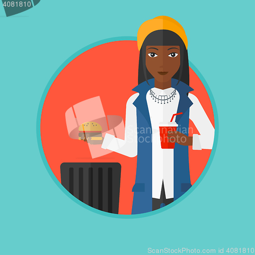 Image of Woman throwing junk food vector illustration.