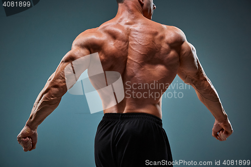 Image of torso of attractive male body builder on gray background.