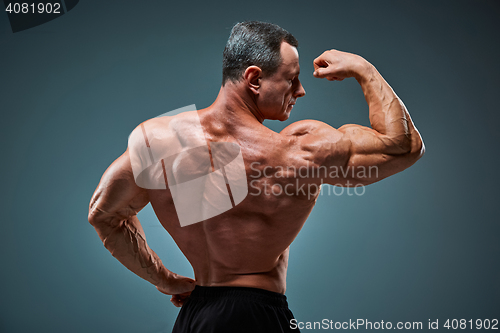 Image of torso of attractive male body builder on gray background.