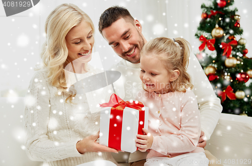 Image of happy family at home with christmas gift box