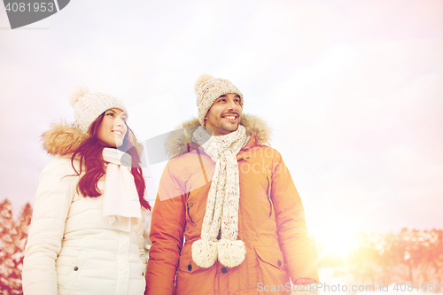 Image of happy couple walking over winter background