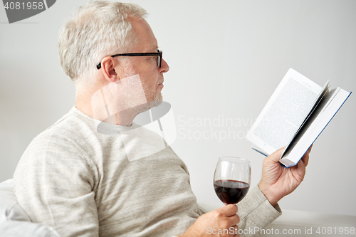 Image of senior man drinking wine and reading book