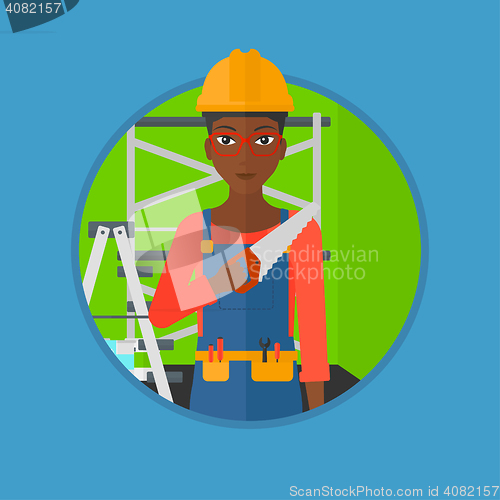 Image of Smiling worker with saw vector illustration.