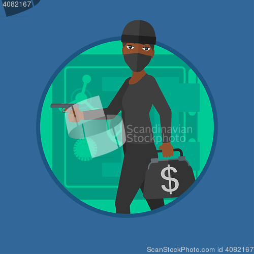 Image of Burglar with gun near safe vector illustration.