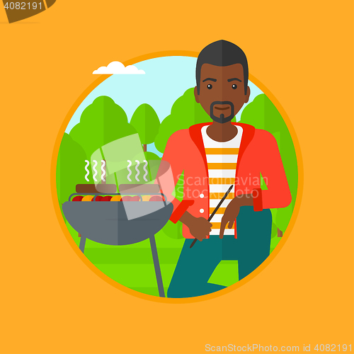 Image of Man cooking meat on barbecue vector illustration.