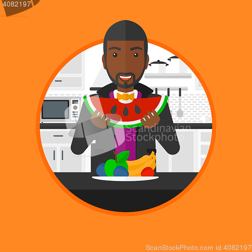 Image of Man eating watermelon vector illustration.