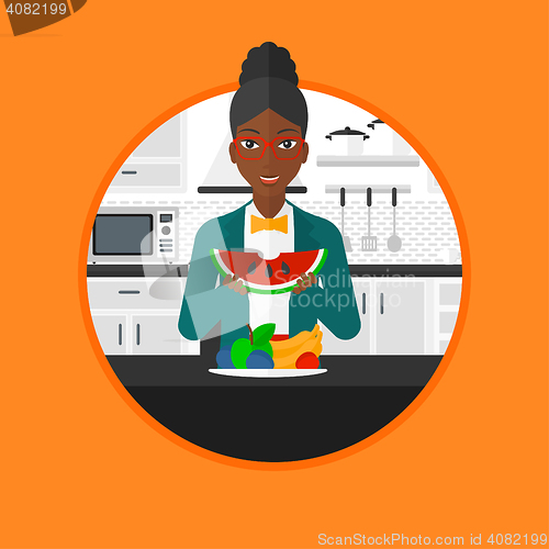 Image of Woman eating watermelon vector illustration.