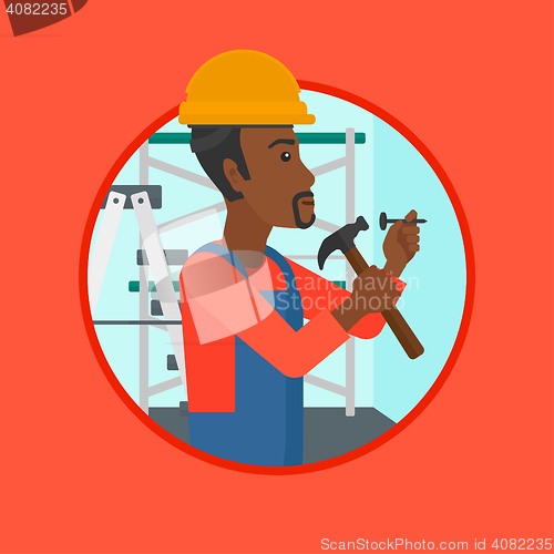 Image of Worker hammering nail vector illustration.