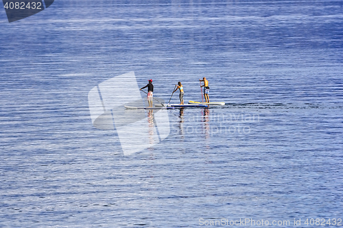 Image of Young people Paddling Together in the sea