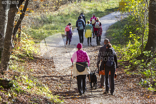 Image of Group of people walking by hiking trail