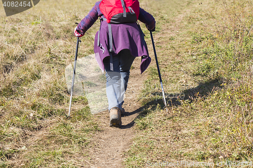 Image of Older woman walking by hiking trail