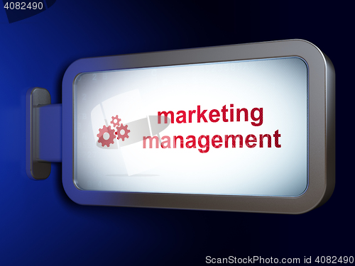 Image of Advertising concept: Marketing Management and Gears on billboard background