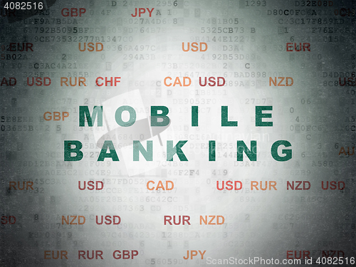 Image of Currency concept: Mobile Banking on Digital Data Paper background