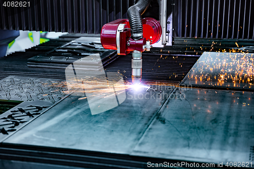 Image of CNC Laser plasma cutting of metal, modern industrial technology.