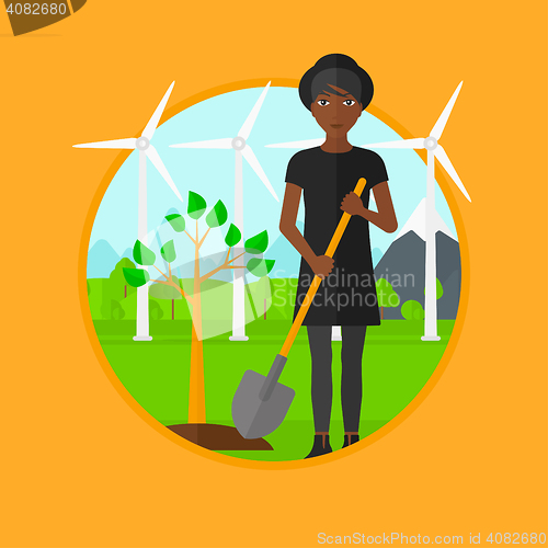 Image of Woman plants tree vector illustration.