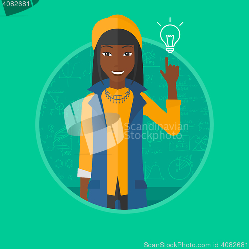 Image of Woman pointing at light bulb vector illustration.