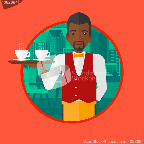 Image of Waiter holding tray with cups of coffeee or tea.