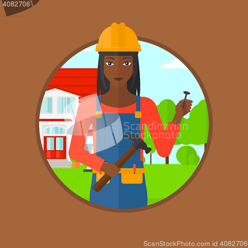 Image of Cheerful builder with hammer vector illustration.